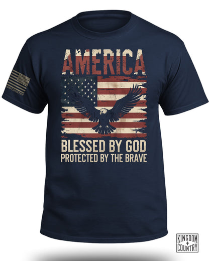 AMERICA Blessed By God Protected By Brave Front T-Shirt