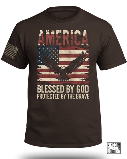 AMERICA Blessed By God Protected By Brave Front T-Shirt