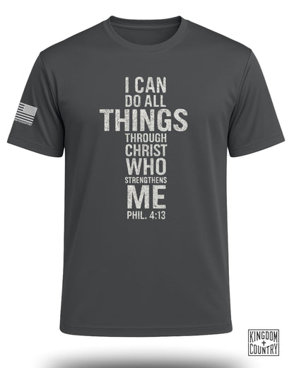 Philippians 4:13 Distressed Cross Performance Shirt